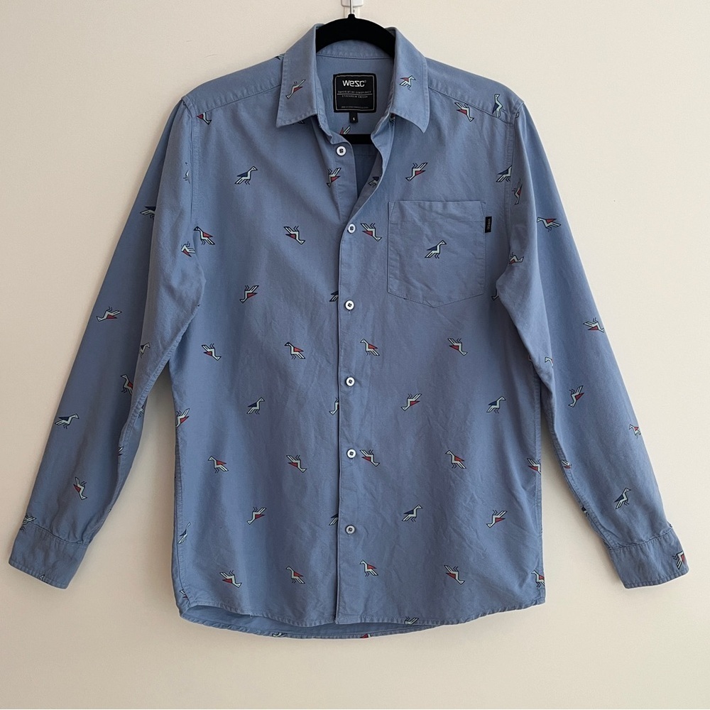 WESC Long Sleeve Button Down Shirt Stylized Bird Pattern 100% Cotton Casual